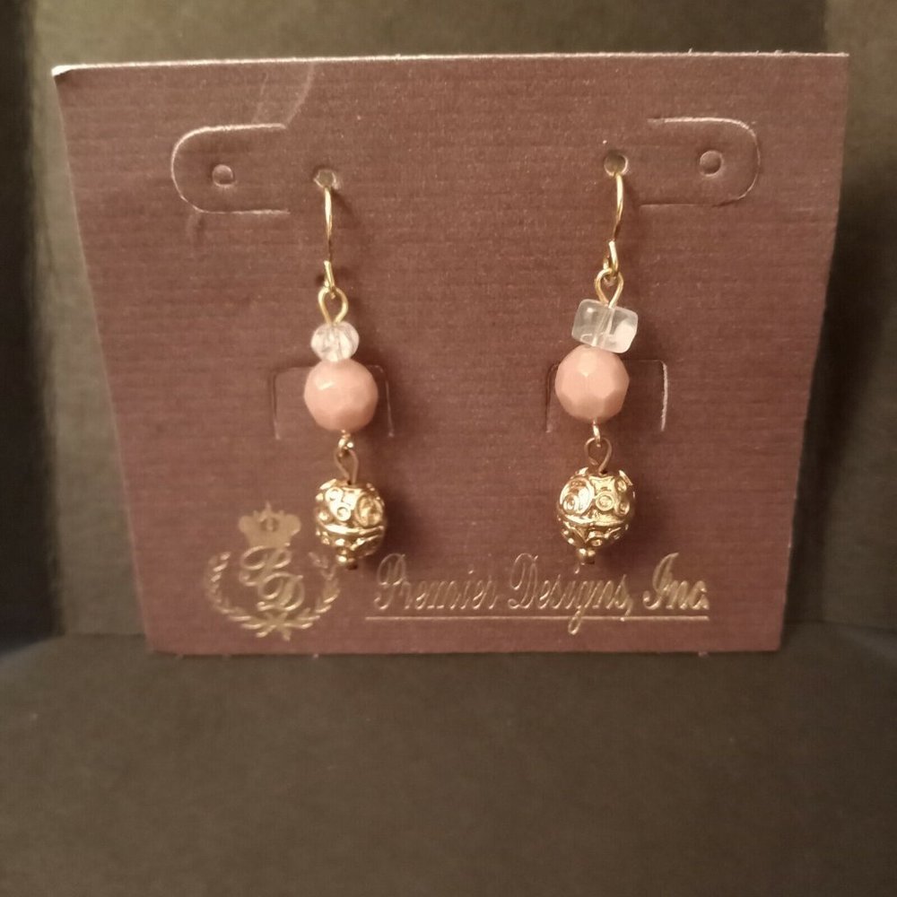 Premier Designs Gold Tone Tara Rose Quartz Pierced Earrings on Card